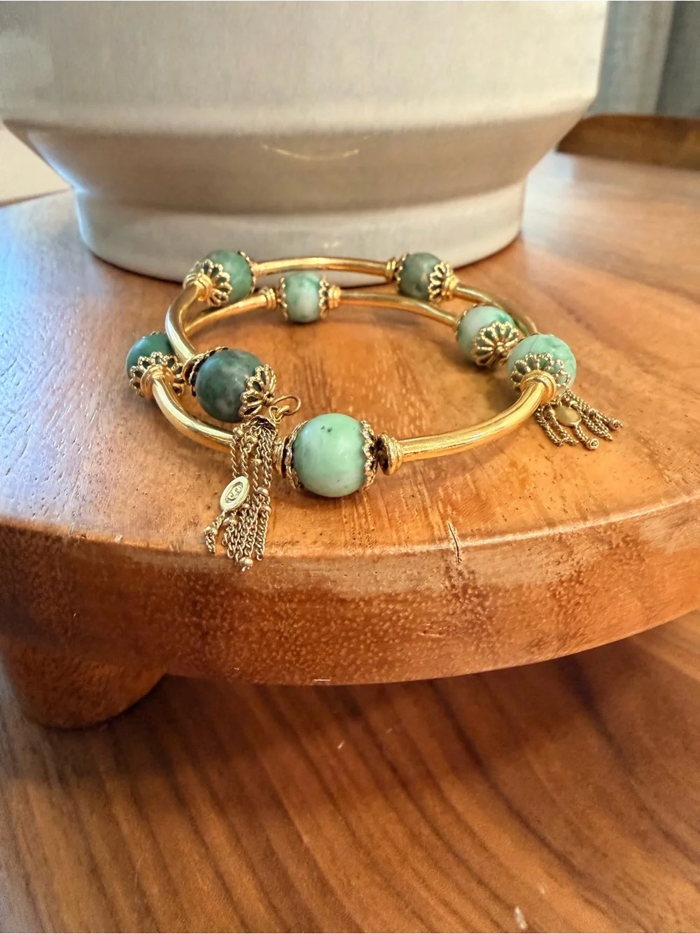RARE HTF VTG Sezane Sally Bracelet Green and Gold Tone Marbled Stone